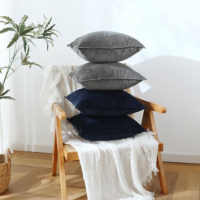 Stellhome Set of 4 Soft Textured Decorative Throw Pillow Covers Accent Solid Chenille Cushion Cover Rustic Farmhouse Pillow Case for Couch Sofa Bedroom Living Room (18x18 inch, Navy Blue/Dark Grey)