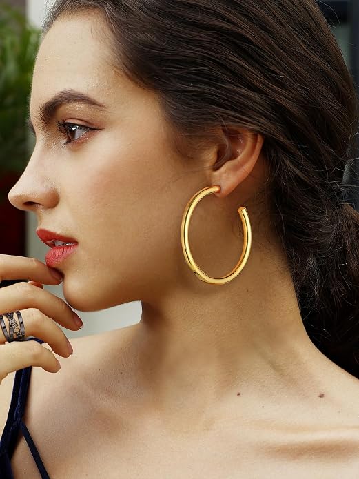 Stainless Steel Chunky Hoop Earrings For Women, Minimalist and Chic, Black/Gold Plated, Round Hoops Earrings Hypoallergenic, Size: 30mm/40mm/60mm/80mm, Come with Box