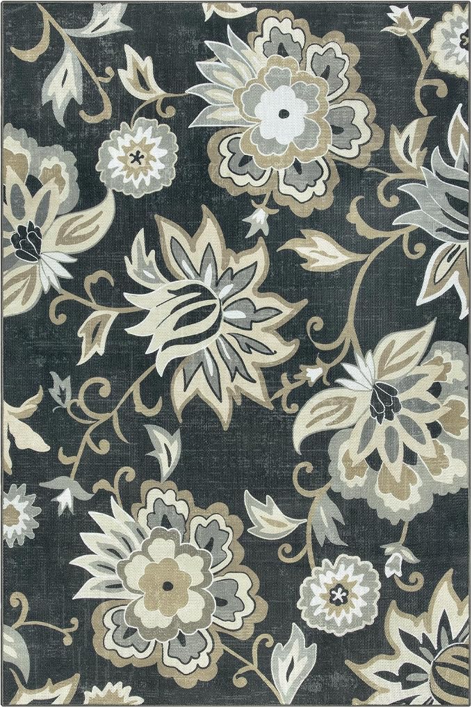 Lahome Floral Indoor Outdoor Rugs, 6x9ft Non Slip Outdoor Patio Rug for Deck Backyard, Soft Outdoor Area Rug for Camping Picnic Backyard, Washable RV Outdoor Rugs for Living Room Bedroom,Black