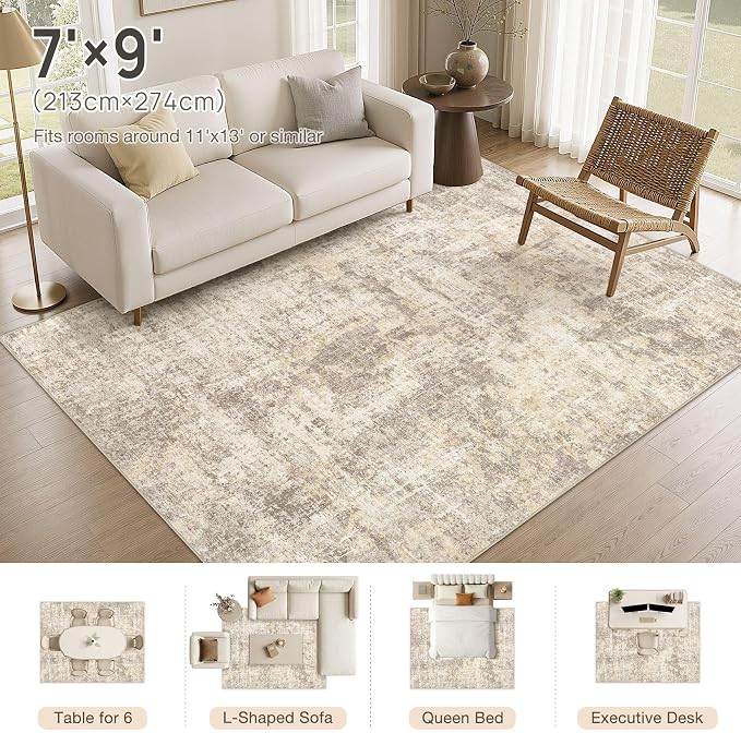 cotiled Washable Area Rug 7x9, Non-Slip Soft Neutral Rug for Living Room | Modern Abstract Carpet, Stain Resistant and Kid & Pet Friendly, Ideal For Bedroom, Dining Room, Nursery, Home Office - Beige