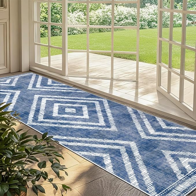 3x10Ft Boho Hallway Runner Rugs Non Slip, Blue Geometric Washable Kitchen Rug Runners, Soft Wide Modern Farmhouse Entryway Floor Carpets for Entrance Doorway Bedroom Home Decor