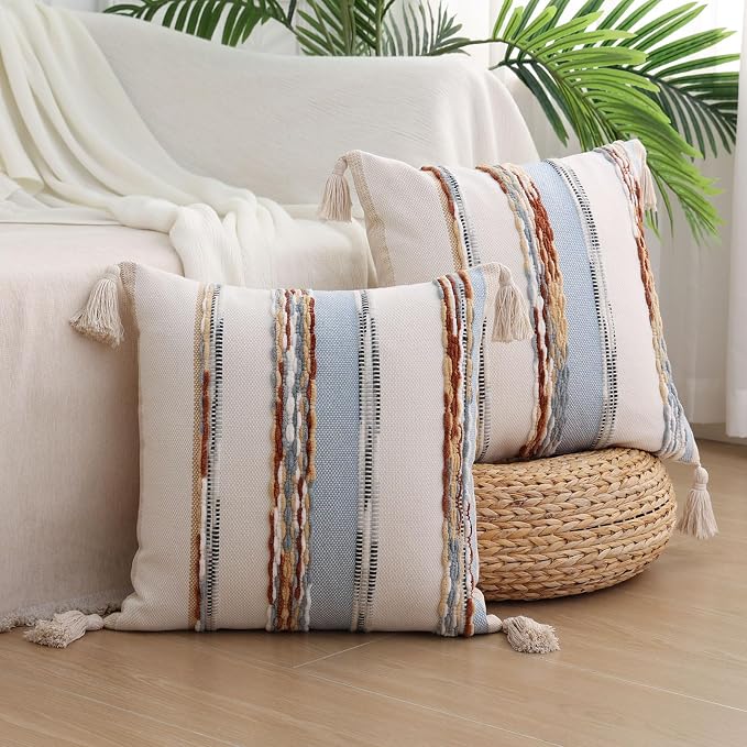 Simmore Fall Boho Decorative Blue Throw Pillow Covers 18X18 Set of 2 | Tufted Accent Modern Farmhouse Neutral Pillow Covers with Tassels for Cozy Bohemian Couch Sofa Bedroom Home Decor