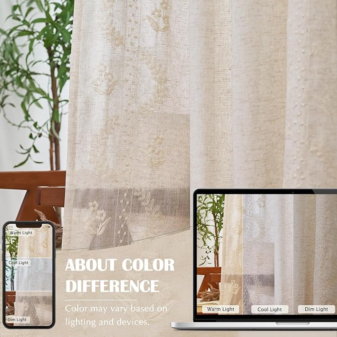jinchan Floral Linen Curtains 84 Inch Farmhouse Back Tab 2 Panels Ivory | Embroidered curtains,boho curtains,living room,bedroom,light filtering,privacy,flower patterned drapes,window treatment