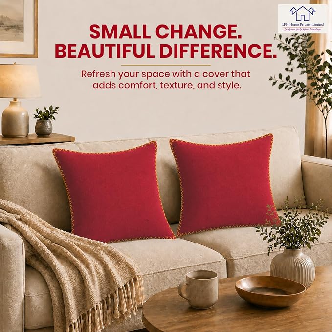 LFH Home Red Cotton Rich Throw Pillow Covers 18x18 Set of 4, Decorative Cushion Covers with Blanket Stitch Edge, Farmhouse Accent Pillow Cases for Sofa Couch Bed Living Room, 18 x 18 Inch