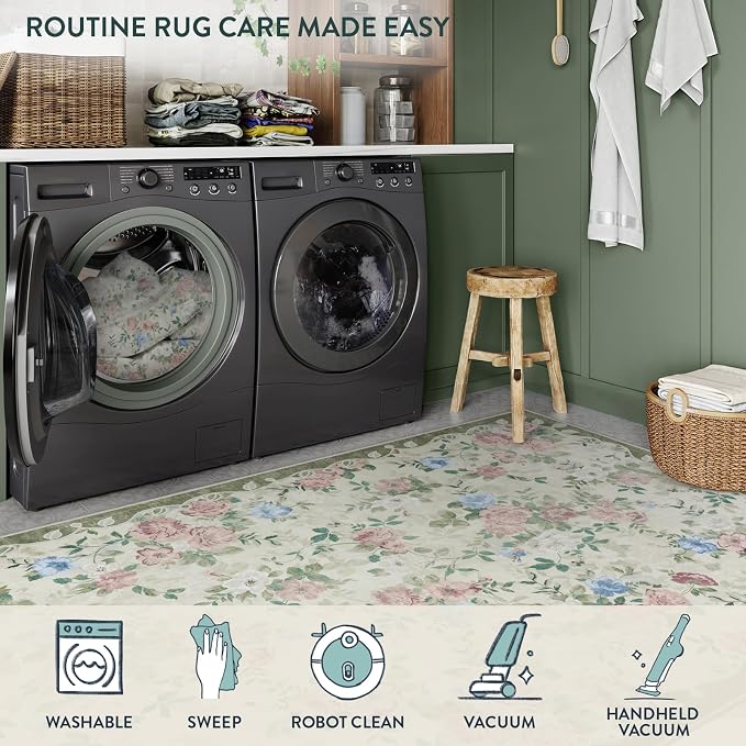 Lahome Vintage Floral Area Rugs 8x10,Large Rugs for Living Room Boho Area Rug Machine Washable, Low Pile Bedroom Rugs 8x10 Carpet for Office Rug Playroom Dining Room Nina(Cream/Green)