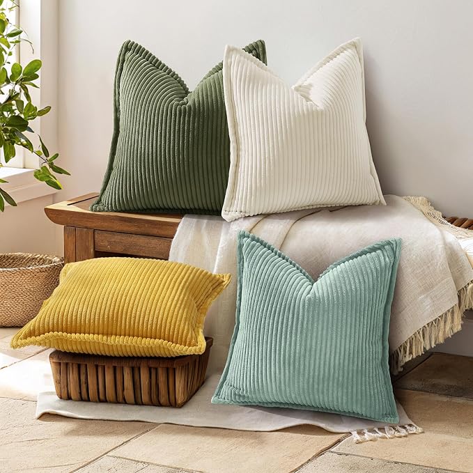 decorUhome Fall Corduroy Teal Throw Pillow Covers 20x20 Set of 2 | Couch Decorative Soft Modern Boho Farmhouse Pillow Covers Broadside Striped Pillow Cases for Living Room Bed Sofa