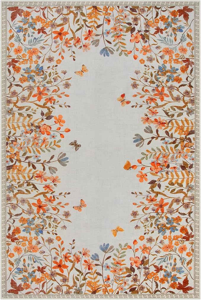 Wonnitar 4x6 Washable Area Rug, Orange Floral Rug for Bedroom, Boho Botanical Entryway Rug, Non Slip Soft Kitchen Carpet, Ultra Thin Cottagecore Home Office Decor (4x6 Orange)