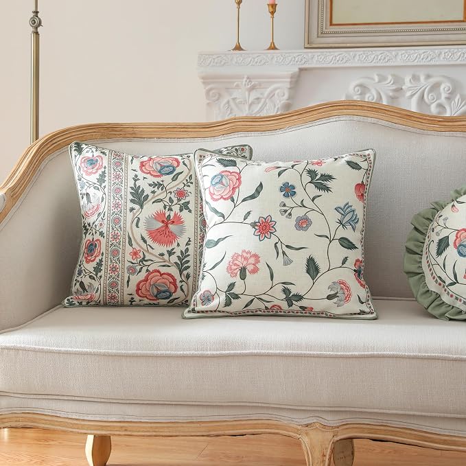 ISAENNE Designer Linen Throw Pillow Cover,Set of 2,18"x18"-Estevan A | Vintage French Elegant Square Pillow Cover,Concealed Zipper Design,Floral Pattern,Sofa,Bedroom,Living Room,Lounge Chairs