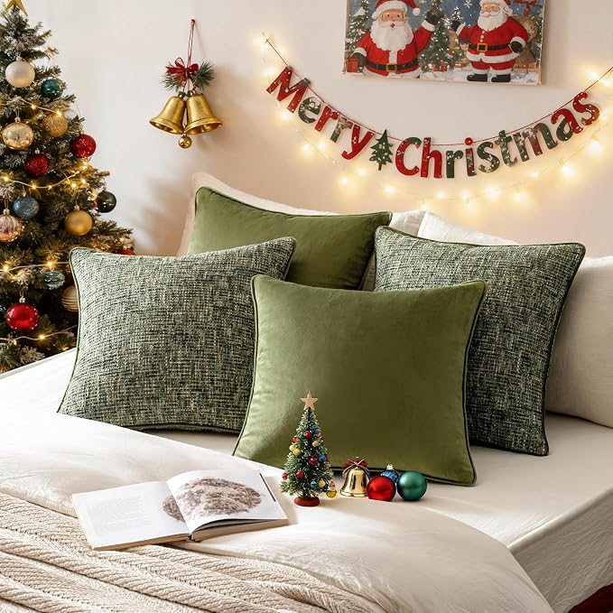 a moment Dark Green 4 Pack Throw Pillow Covers - Chenille & Velvet Set with Piping, Farmhouse Textured Design Cushion Cases for Couch Sofa Bed (18x18 Inch, No Insert)