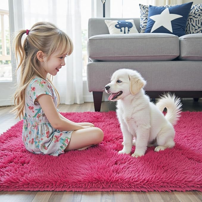 Area Rugs 9x12 Living Room, Large Area Rug Shaggy Carpet Soft Plush Furry Bedside Rug, Machine Washable Area Rugs for Bedroom Home Decor Non-Slip(9 x 12, Hot Pink)