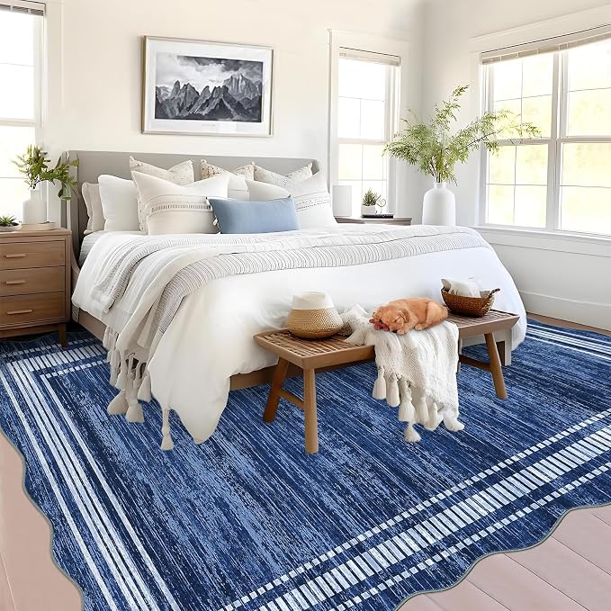 Garvee Scalloped Modern Abstract Rug 5x7 Washable Rug for Bedroom, Non-Slip Non-Shedding Soft Living Room Rug, Minimalist Scalloped Low-Pile Throw Carpet for Dining Room Home Office, Navy Blue | Rugs for Living Room, Non-Slip Soft Carpet for Bedroom, S...