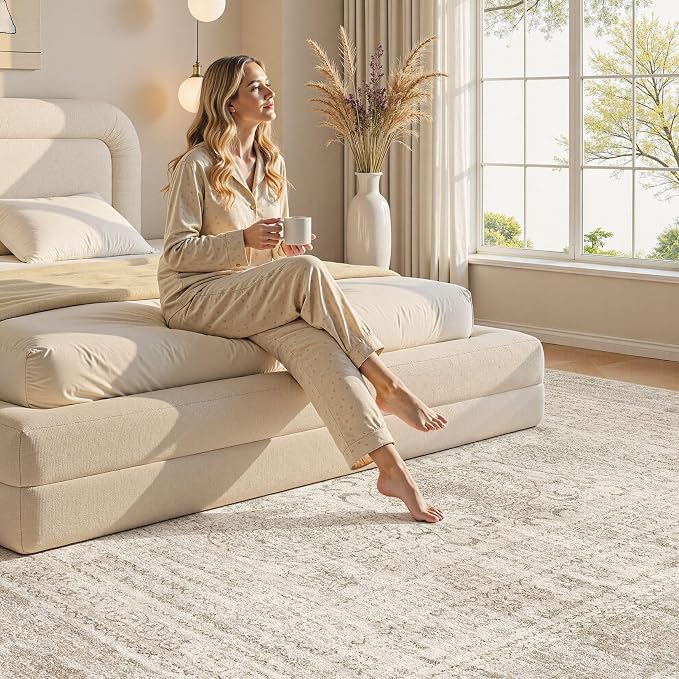 Nakagishi 6x9 Area Rugs Living Room: Washable Large Vintage Rug Neutral Non-Slip Soft Stain Resistant Indoor Carpet for Bedroom Nursery Dining Room Office Playroom - Beige Gray