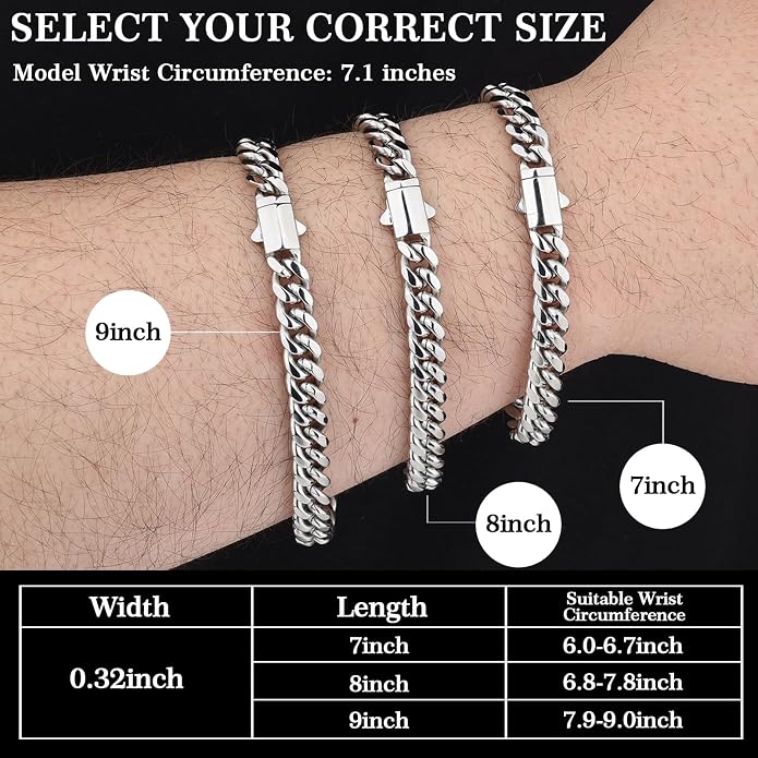 Saintda 8mm Miami Cuban Link Bracelet for Men - 18K Real Gold Plated 316L Stainless Steel Chain - Non-Tarnish Hypoallergenic Curb Link Bracelet Jewelry Gift for Him, 7/8/9 Inch
