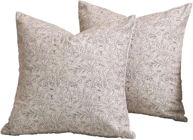 Amor Virisso Floral Throw Pillow Covers 20x20 Set of 2 Vintage Block Print Pillow Covers Decorative Pillow Covers Couch Pillows for Living Room Farmhouse Accent Sofa Pillows, Black/Sand