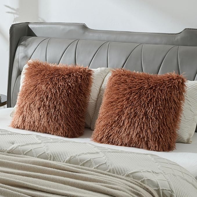 FUTEI Pack of 2 Shaggy Mongolian Faux Wool Throw Pillow Covers 18x18 Inch Soft Fluffy Farmhouse Decorative Cushion Case for Couch Bed Living Room, Rust