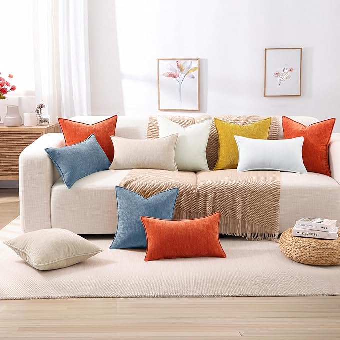 decorUhome Chenille Blue Grey Velvet Throw Pillow Covers 18x18 Set of 2 | Fall Soft Couch Decorative Modern Farmhouse Pillow Cases with Elegant Design for Sofa Bed Living Room Home Decor