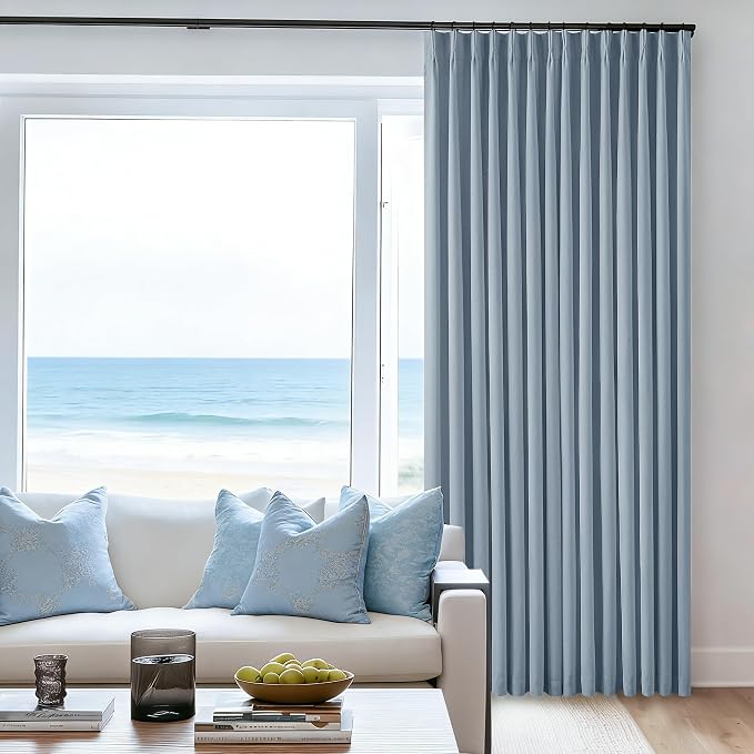 Blue Grey Pinch Pleated Full Blackout Curtains Linen 80 Inch Window Curtain | Room Darkening Thermal Insulated, for Living Room Bedroom, Back Tab Pinch Pleat Drapes with Hooks Rings, W40xL80 2 Panels