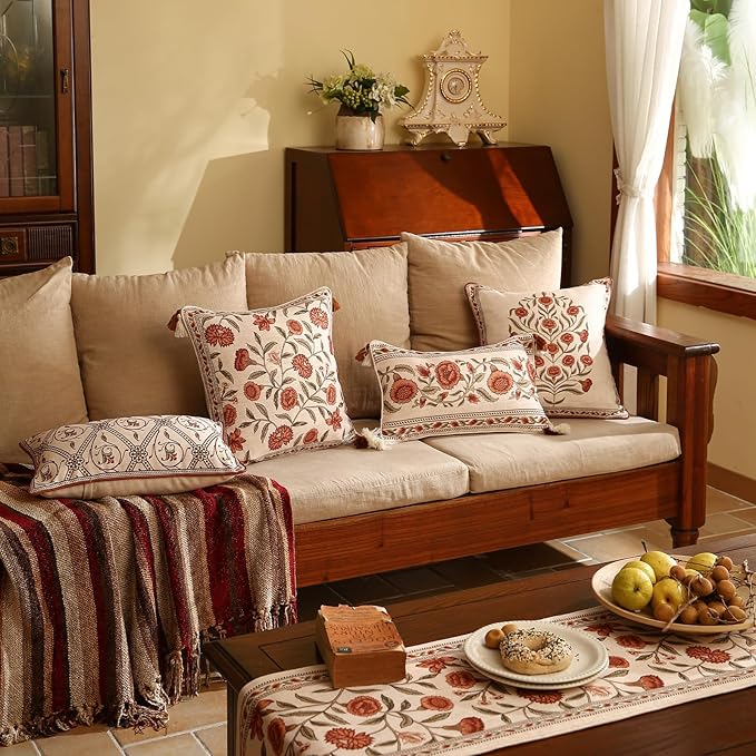 ISAENNE Vintage Linen Square Throw Pillow Cover,Set of 2,18"x18"-Albano A | Designer French Pillow Cover,Concealed Zipper Design,Orange Floral Pattern,Sofa,Bedroom,Living Room,Lounge Chairs