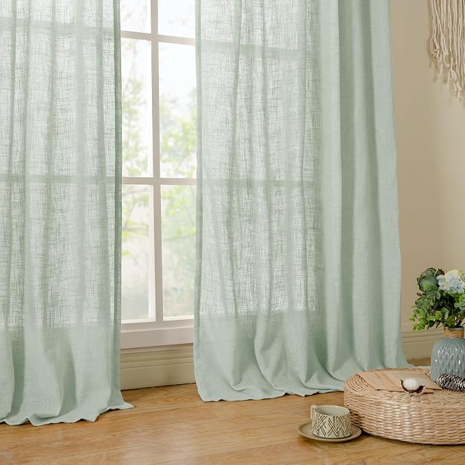 LAMIT Living Room Linen Curtains 95 Inch for Bedroom, Back Tab and Rod Pocket Linen Textured Sheer Curtains Light Filtering Burlap Drapes for Farmhouse, 2 Panels, 52 x 95 Inch, Light Sage