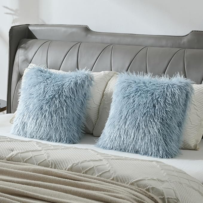 FUTEI Pack of 2 Shaggy Mongolian Faux Wool Throw Pillow Covers 18x18 Inch Soft Fluffy Farmhouse Decorative Cushion Case for Couch Bed Living Room, Dusty Blue