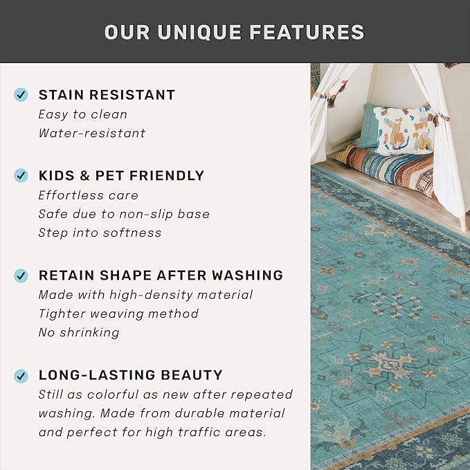 Boho Teal 6x9 Area Rugs for Living Room, Geometric Floral Design Rug for Bedroom, Dining Room - Vintage Turquoise Décor Indoor, Low Pile & Soft Stain Resistant Carpet