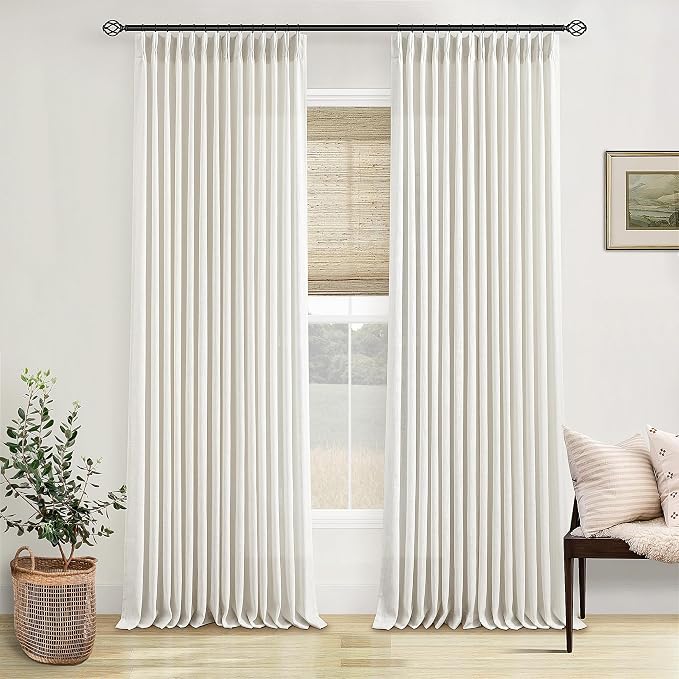 102 Inch Long Curtains Pinch Pleat Linen Curtains for Living Room Bedroom 2 Panels Natural Cream Light Filtering Privacy Neutral 102 Inch Pleated Drapes Hooks Rings Back Tab for Window Sliding Door