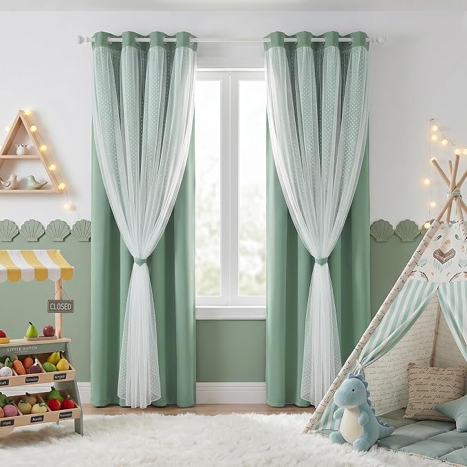 MYSKY HOME Short Curtains for Girls Bedroom & Nursery Kids Green Cute Curtains 63 inch Long Double Layer with Polka Dots Sheer, Grommet Tops, 52" Wide Each Panel, 2 Panels