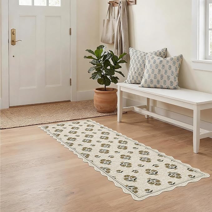 ORTIGIA Scalloped Easy Jute 2x6 Kitchen Runner Rug Vintage Yellow Block Floral Farmhouse Washable Rug Non-Slip Outdoor Carpet for Entryway Indoor Hallway Patio Laundry Room