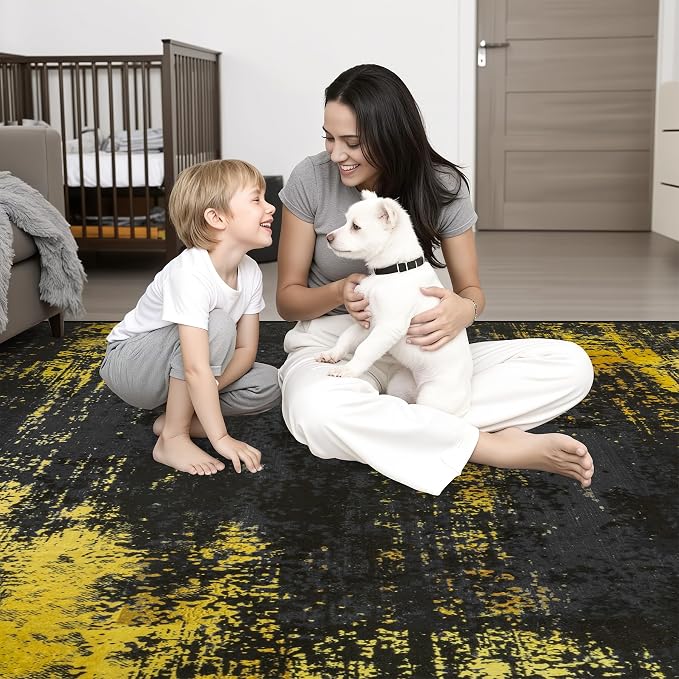 5x7 Area Rug Living Room Rug: Washable Modern Abstract Soft Thin Rug Indoor Floor No Slip Carpet for Bedroom Dining Room Farmhouse Nursery Home Office - Dark Black Gold