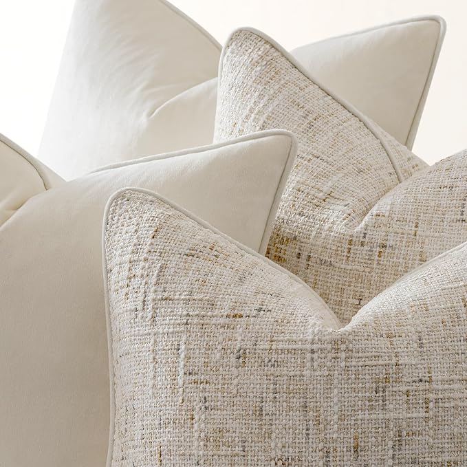 a moment Beige 4 Pack Throw Pillow Covers - Chenille & Velvet Set with Piping, Farmhouse Textured Design Pillow Cases for Couch Sofa Bed Livingroom (22x22 Inch, No Insert)