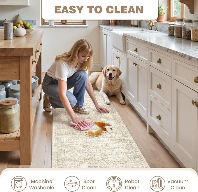 Kitchen Rugs Sets of 2, 2x3 2x4 Rug Runner,Beige | 2 Piece Washable Rug for Hallway,Entryway,Bedroom,Dining Room,Thin,Soft Runner Rug,Stain Resistant Indoor Carpet,Non Slip