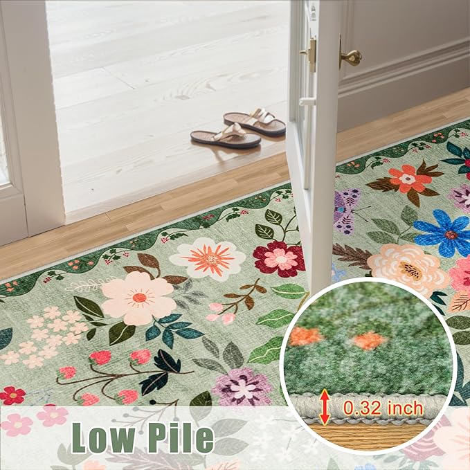 8x10 Area Rugs for Living Room: Floral Washable Rug Vintage Large Soft Boho Non-Slip Carpet Indoor Stain Resistant Low Pile Carpets for Bedroom Dining Room Farmhouse Nursery Hallway Home Office Green