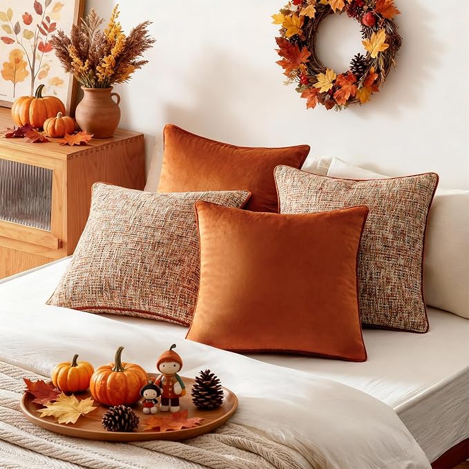 a moment Fall Orange 4 Pack Throw Pillow Covers - Chenille & Velvet Set with Piping, Farmhouse Textured Design Cushion Cases for Couch Sofa Bed (18x18 Inch, No Insert)