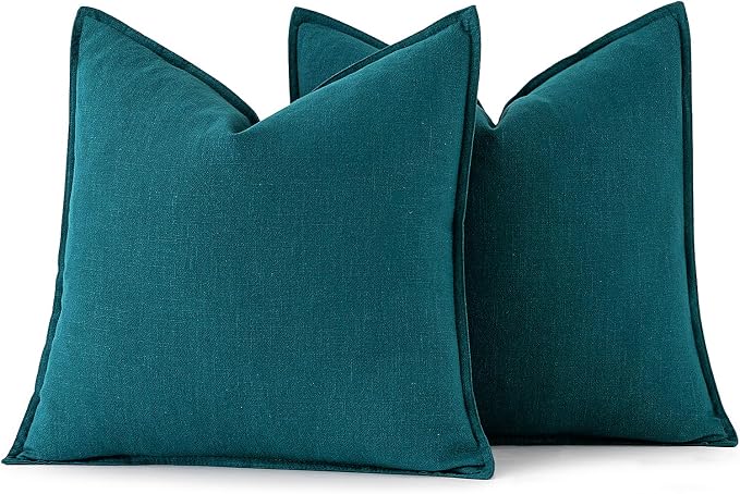 MIULEE Decorative Linen Euro Sham Pillow Covers 24x24 Teal Blue | Boho Farmhouse Neutral Couch Throw Pillows for Bed, Pack of 2 Accent Modern Pillowcases, Sofa Livingroom Home Decor