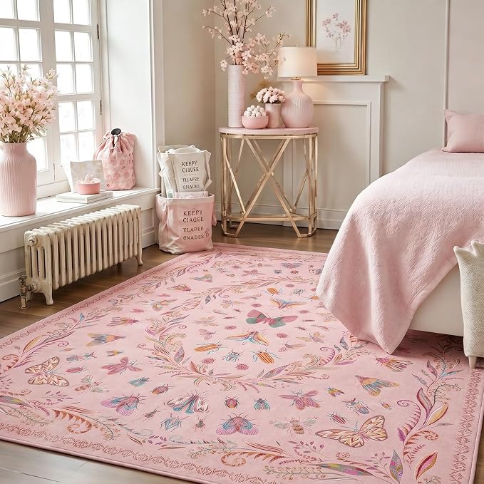 Lunasun Butterfly Area Rugs 5x8 for Baby Nursery, Cute Pink Rugs for Bedroom Girls, Living Room, Kids Room Playroom Reading Corner, Washable Ultra Soft Stain Resistant Floral Floor Decor