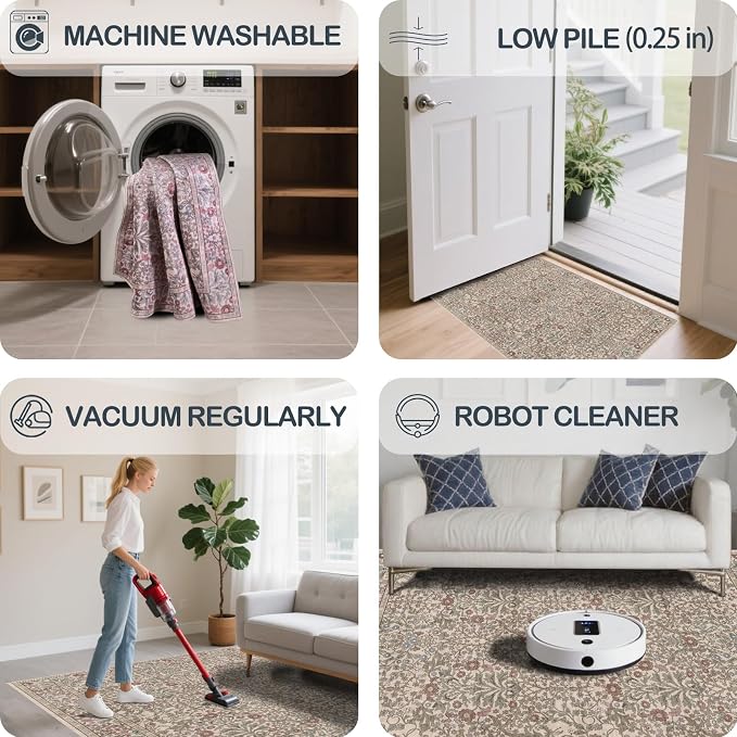 Washable 2'6" x 8' Runners for Hallways, Non Slip Long Floor Runner for Kitchen, Entryway Indoor, Stain Resistant Rubber Backing Floral Decor Rug (Moss)