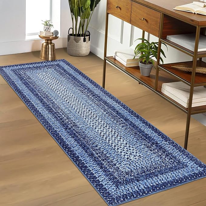 RUGSREAL Runner Rug 2x8 Machine Washable Hallway Runner Rug Entryway Long Runner Carpet Braided Printed Throw Mat Non Slip Kitchen Mat Living Room Rustic Carpet for Bedroom Dining Room, Navy