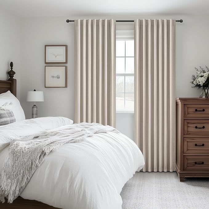 Grey Flax Curtains 86 inch Length 2 Panels Set, Hook Belt&Rod Pocket White Backing Beige Taupe Thermal Living Room/Bedroom/Sliding Door Linen Blackout Curtain Window Boho Summer Drapes (50"Wx86"Lx2 )