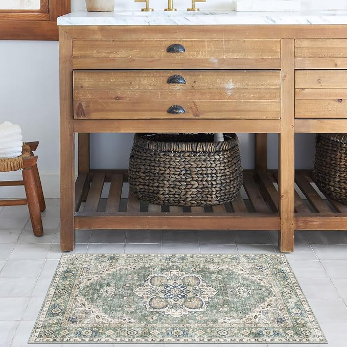 LUXRUG 2x3 Rugs for Entryway - Washable Doormat Ultra-Thin Sage Green Vintage Oriental Kitchen Rugs Non-Slip Front Door Mat Indoor Entrance Boho Small Throw Rug for Bedroom Bathroom Mudroom Carpet