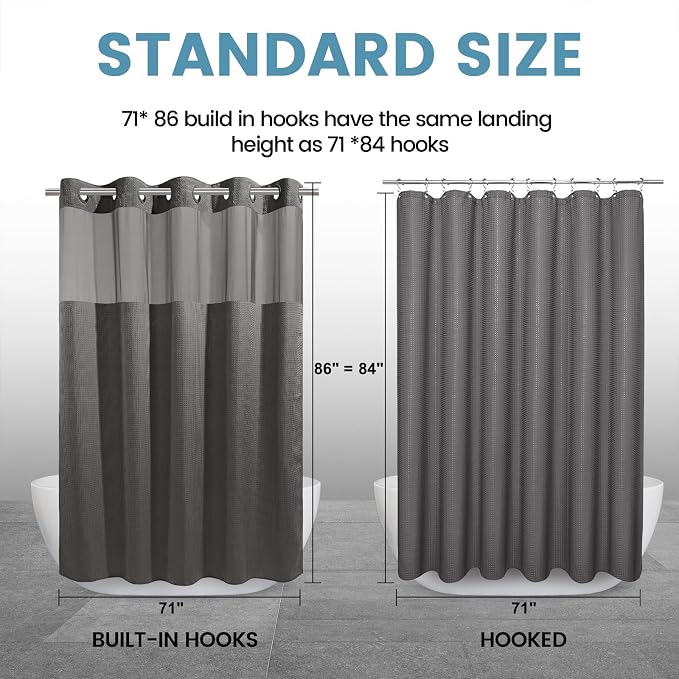 EUTXL Heavyweight Charcoal Grey Long No Hook Shower Curtain with Snap in Liner,256GSM Waffle Weave Shower Curtains for Bathroom,71W x 86H