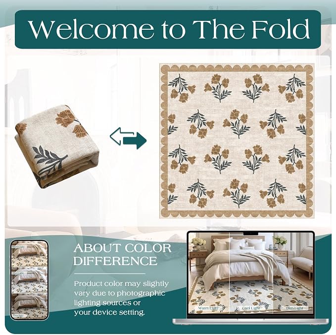 Beige Square Rugs 6ft - Soft Washable Boho Farmhouse Living Room Rug 6x6 Stain Resistant Dining Room Rugs for Under Table Cottage Floral Scalloped Area Rug for Bedroom Nursery Twin Beds Room