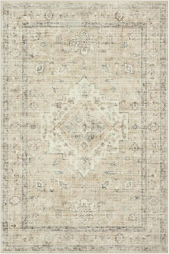 LIVEBOX Washable Area Rug 6x9 Rugs for Living Room Dining Room Under Table, Non-Slip Boho Neutral Carpet for Bedroom, Low-Pile Farmhouse Soft Carpets for Nursery Room Playroom, Tan
