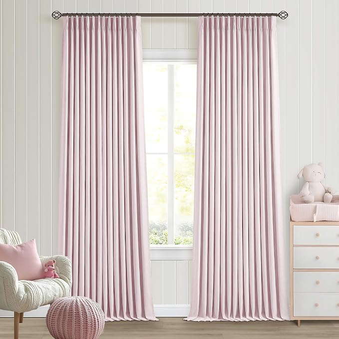 TWODRAPES Light Pink 100% Black Out Pinch Pleat Linen 108 Inch Curtains | Black Out Curtains Lined 2 Layers, Memory Shape, Noise Reducing, Room Darkening, for Nursery Bedroom, W40xL108 2 Panels