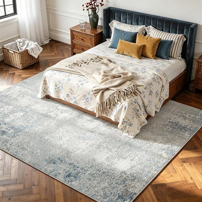 Washable Rugs 8x10 Area Rugs for Living Room - Modern Abstract Rugs for Bedroom,Dining Room,Large Soft Low Pile Carpet with Non Slip Rubber Backing,Neutral Accent Nursery Rug- Beige Blue