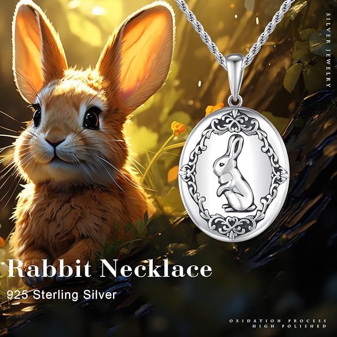 CUOKA MIRACLE Rabbit Locket Necklace, Bunny Locket Pendant 925 Sterling Silver Vintage Rabbit Photo Lockets That Holds Pictures Personalized Customize Jewelry Gift for Women Girls Wife Mother