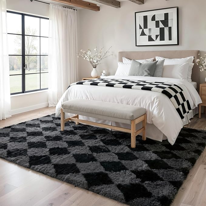 GENIMO Checkered Rug 8x10 Area Rugs for Kids Bedroom Soft Shag Rug Fluffy Fuzzy Carpet Plush Rugs for Living Room Nursery Playroom Dorm Modern Home Decor Aesthetic, Black and Grey