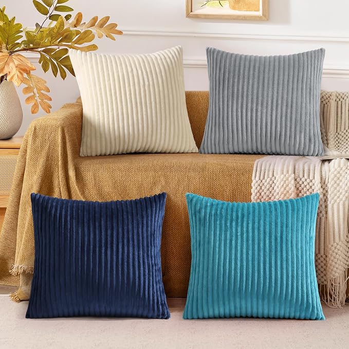 decorUhome Flannel Neutral Teal Throw Pillow Covers 20X20 Set of 4 | Decorative Fall Soft Fluffy Striped Double-Sided Couch Pillow Covers, Modern Farmhouse Pillow Cases for Sofa bed Home Decor