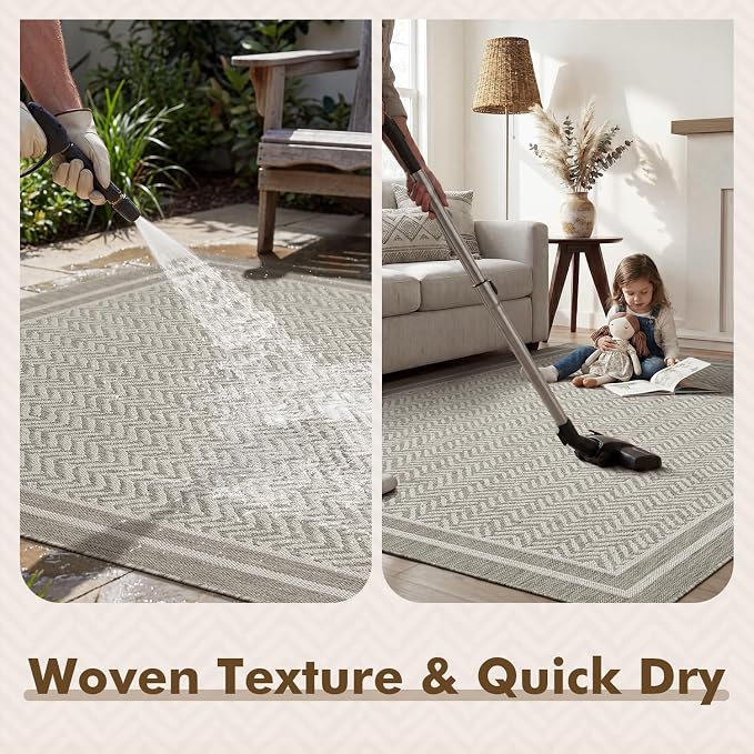 MontVoo-3x5 Outdoor Rug Porch Entryway Rug-Polypropylene Indoor Outdoor Rugs for Entryway Kitchen Balcony Patio, Textured Weave, Durable, Fade-Resistant, Non-Shedding, Boho Geometric Neutral Grey
