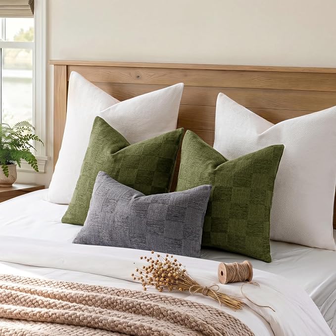 A moment Set of 2 Decorative Linen Throw Pillow Covers,Large Grid Textured Neutral Boho Farmhouse Cushion Covers,Soft Aesthetic Pillowcases for Couch Sofa Living Room Home Decor,18x18 Inch,Olive Green