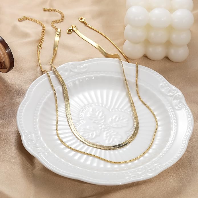 CHESKY 14K Gold/Silver Plated Snake Chain Necklace Herringbone Necklace Gold Choker Necklaces for Women Gifts Jewelry 1.5/3/5MM(W) 14"/16"(L) Mothers Day Gifts for Mom